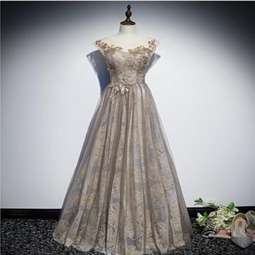 Vestido De Festa Scoop Neck Evening Dresses Long Dress 2020 Gray A-line Evening Dress Elegant Lace Up Back Robe De Soiree