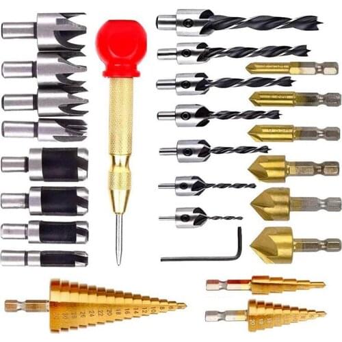 26-Piece Step Drill and Automatic Center Punch, High-Speed Steel Drill Set