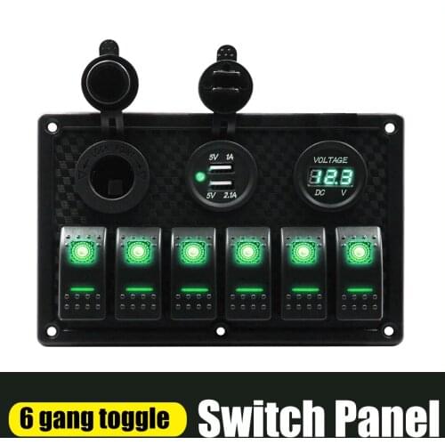 6 Gang Marine Boat Rocker Switch Panel With Cigarette Lighter Circuit Breakers Dual USB 4.2A Socket 12V 24V