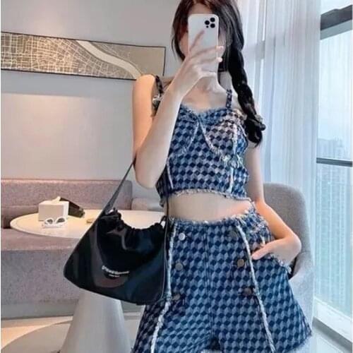 Jeans Suit Female Summer New Waistcoat Halter Vest + High Waist Show Thin Wide Leg Loose A Line Shorts 2 Sets