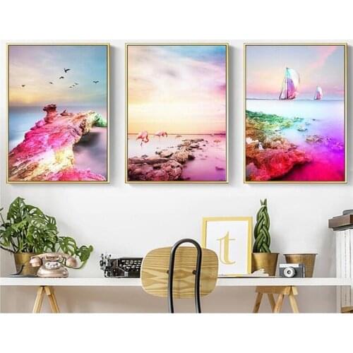 Flamingo seaside scenery 3D DIY Diamond Painting 3 PCS full diamond Embroidery Mosaic Cross Stitch Home Decoration triptych Z370