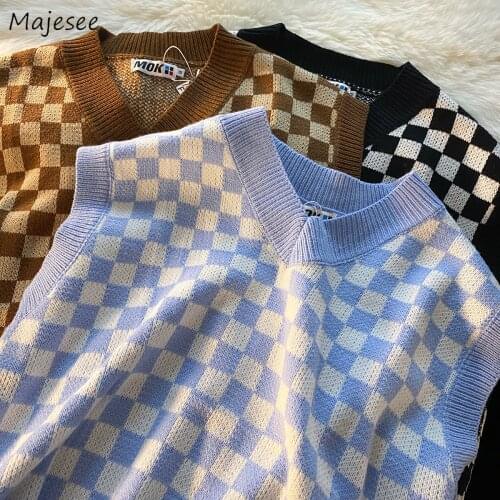 Checkered Plaid Vests Men Couples V-neck Popular High Street Students Knitted Sleeveless Chic Tops Preppy American Vintage Loose