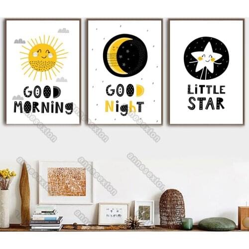 Cartoon Canvas Wall Poster Yellow Smiling Sun Golden Moon White Star Letters Good Morning Good Night for Home Rooms Wall Decora