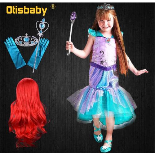 Girls Birthday Party Ariel Dress Little Mermaid Costume Holiday Tutu Tail Dress Mermaid Wig Child Princess Prom Girls Clothing