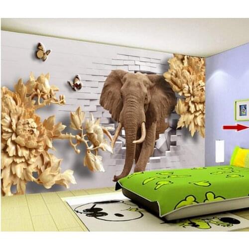 Custom photo wallpaper 3d wall murals wallpaper 3d TV setting wall woodcarving peony elephant brick wall wallpaper living room