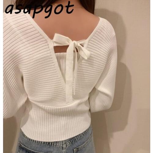 Pullovers Sweaters&Jumpers Fashion White Fake Two Piece Knitted Tops Short Chic Korean Lace Up Puff Long Sleeve Knitwear Retro