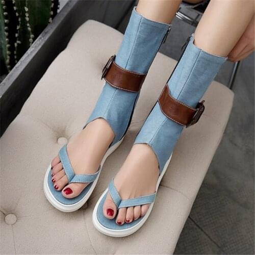 PXELENA Buckle Punk Rock Gothic Blue Denim Summer Boots Gladiator Sandals Thick Platform Flat Cool Girls Thong Shoes Plus Size