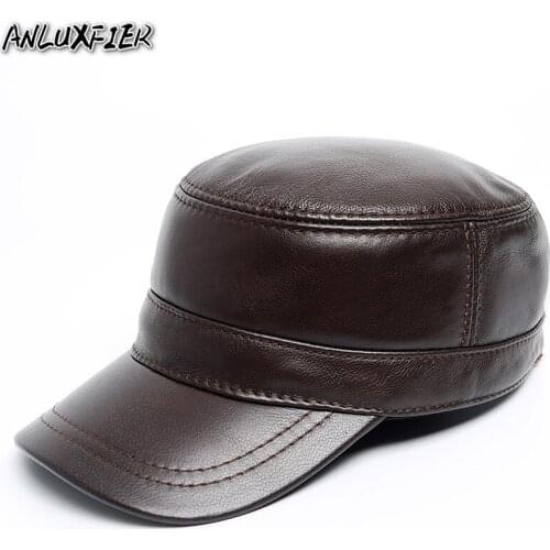 R001 Adult Natural Leather Hat Mens Natural Skin Hats Adjustable Flat Top Military Hat Casual Korean Version