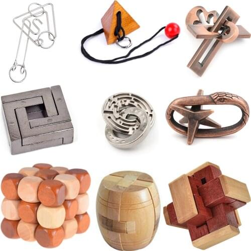 IQ 3D Metal Wooden Unlocked Maze Puzzle Mind Brain Teaser Interlocking Burr Puzzles Game for Adults Children Kids Classic Toys
