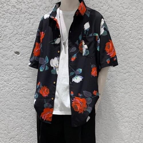 Men Oversized Shirts Floral Leisure Beach Hawaii Style Summer Shirt Black White Pocket Short Sleeve Loose Casual Shirts Male