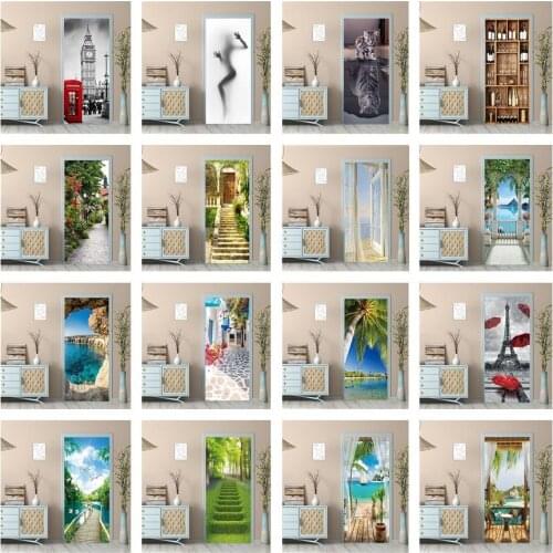 Home Decoration Self-Adhesive Door Stickers DIY Scenery Wall Sticker Poster Living Room Bedroom 3D Wallpaper Modern Design Mural