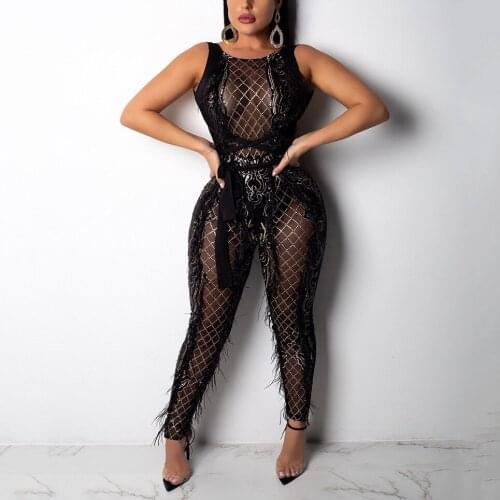 Sexy Evening Sequined Jumpsuits See Through Feather Bodycon High Waist Backless Sleeveless Night Party Club Transparent Rompers