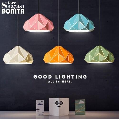 Northern Europe Diamond Led Pendant Lights Hollow Droplight Iron Art Geometric Lines Hanging Lights Bedroom Macaron Color