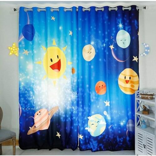 Custom Made 2x Grommet Hook Window Curtain Nursery Kid Children Room Window Dressing Tulle 200x260cm Universe Star Planet Blue