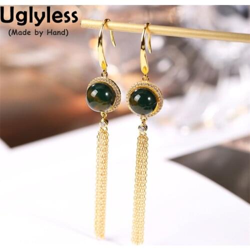 Uglyless Real 925 Silver Chains Long Tassels Earrings for Women Sparkly Crystals Earrings Gold Blue Amber Brincos Ethnic Jewelry