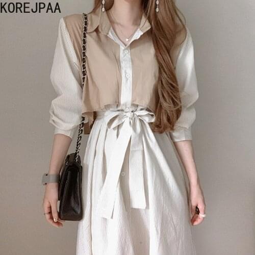 Korejpaa Vintage Turn-down Collar Striped Dress Women Korea Patchwork Fake Two Piece Bow Tie Puff Sleeve Button Up Shirt Dresses