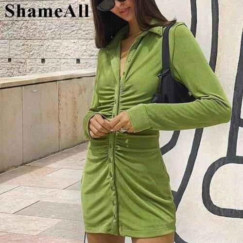 Y2K Long Sleeve Ruched Deep V Neck Mini Shirts Dress for Women Turn-Down Collar Sexy Bodycon Dresses Slim Party Vestidos Outfits