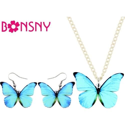 Bonsny Acrylic Big Morpho Menelaus Butterfly Earrings Necklace Collar Pendant Trendy Insect Jewelry Sets For Women Girl Gift New