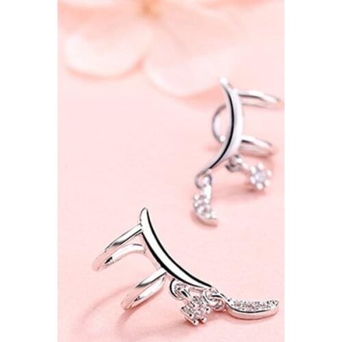 S925 sterling silver zircon moon star silver color earring clip for women