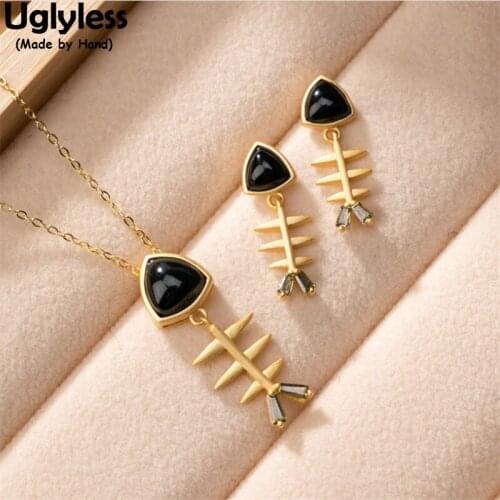 Uglyless Fish Bones Jewelry Sets for Women Dark Green Jade as Black Jade Earrings Necklaces NO Chains Triangle Studs Pendants