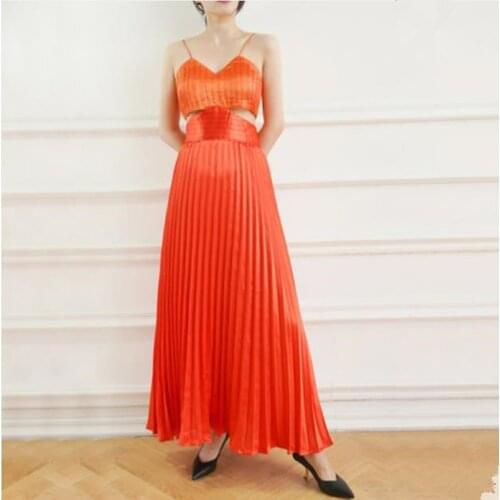 2021 Summer Beach Pleated Sling Dress Hollowed Out Waist spaghetti strap Dress Women High Waist Chiffon Dress