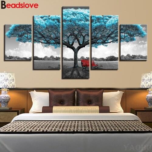 5D DIY Diamond Painting 5 Panel Blue Big Tree Red Chair Diamond Embroidery Rhinestones Full Square Round Drill Diamonds Mosaic