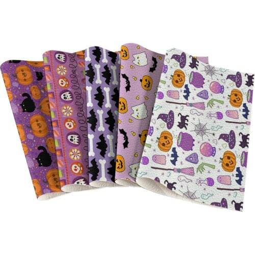 Halloween Artificial Leather Patch Flower Pumpkin Printed Synthetic Leather Fabric 22x30cm for DIY Earrings Hair Bow Crafts