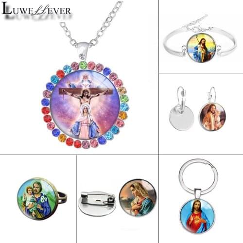 New 598 Jesus Virgin Mary Glass Necklace Bracelet 30mm 25mm Double Sided Round Glass Cabochon Jewelry For Unisex Charm Pendant