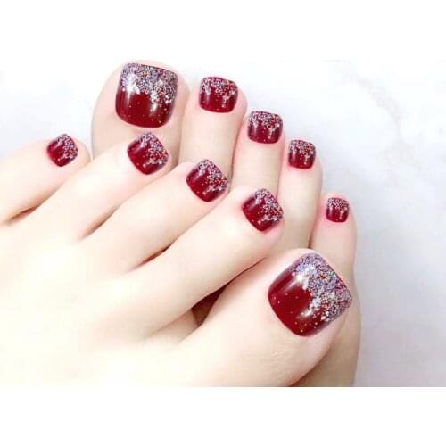 24pcs Fake Toe Nails Silver Red High Quality Rhinestone Short Foot False Nails Artificial Nails With Glue Summer Beauty Toenails