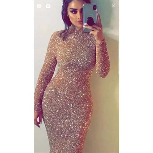 Sexy Rose Gold High Collar Glitter Fabric Long Sleeve Mermaid Prom Dresses 2019