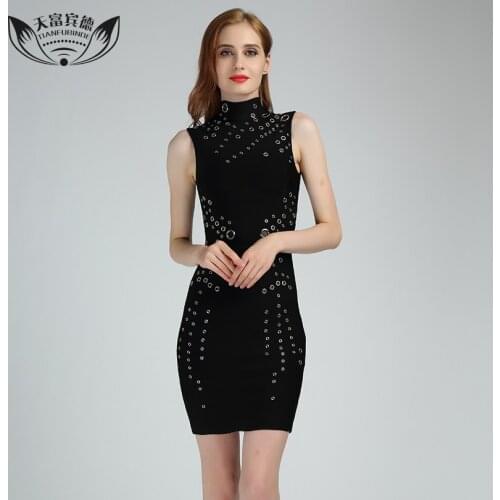 2017 Summer Sexy Sleeveless Dresses Sequins Eyelet Design Turtleneck Party Dress Ladies Black Color Romantic Bandage Dress