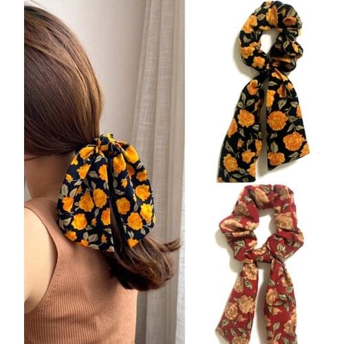 3/5PCS Girls Satin Fabric Elastic Hair Bands Floral Cloth Ribbons For Hair Scrunchies Women Ponytail Holder Accessories