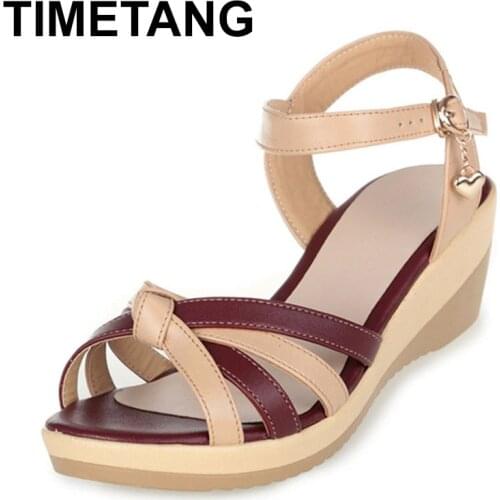 TIMETANGsandals mixed colors wedge sandals summer women shoes sandals big size real leather shoes woman fashion sandals