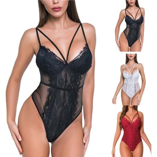 Sexy Lingerie Women Fashion Floral Lace Sheer Mesh Garter Lingerie Set V-Neck Bra With Thong Lingerie Bodysuit Plus Size