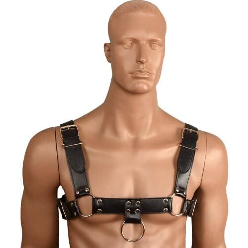 Sexy Mens Adjustable PU Leather Body Chest Harness with Shoulder Armors Buckles Bondage Cosplay Costume Male Lingerie Sex Toys