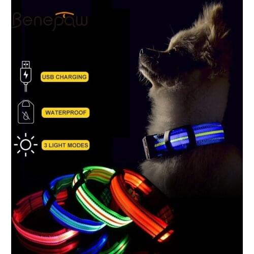 Benepaw Comfortable USB Rechargeable Glowing Led Dog Collar Durable Waterproof Pet Luminous Small Big Dog Collars 3 Light Modes
