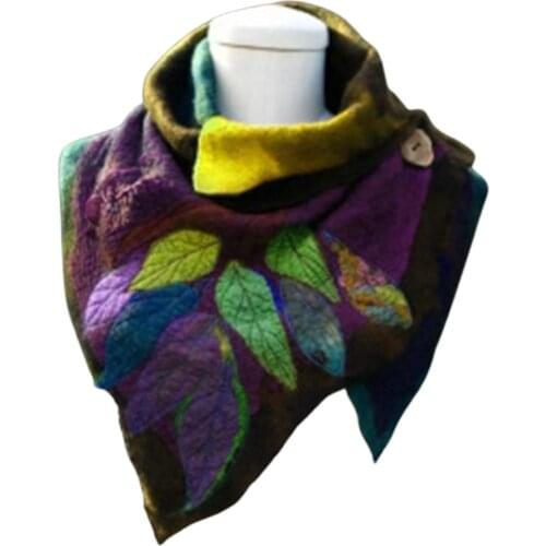 Vintage Women Autumn Winter Leaf Soft Wrap Irregular Scarf Button Warm Shawl