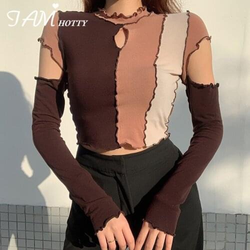 Retro Frill Fashion Hollow Out Chest Patchwork Womens T-shirt Spring Autumn Long Sleeve Korean Style Crop Top Tee 2021 Iamhotty