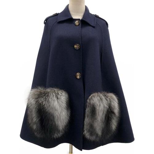 Winter Fox Fur Pocket Women Cloak Natural Fashion Cashmere Overcoat Pocket Fox Hair Can Match