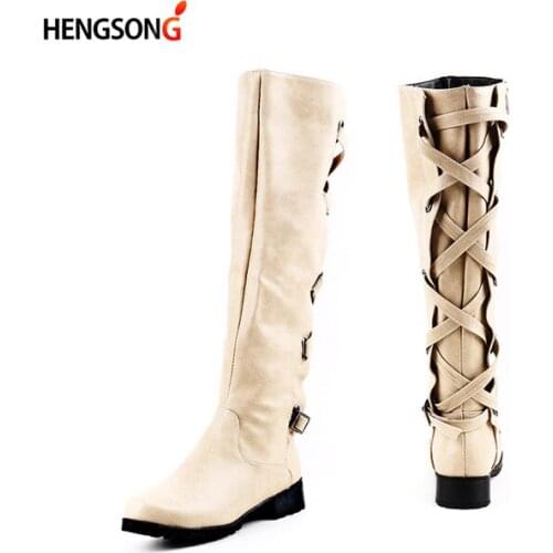 Knee High Women Buckle Cross Tied Boots Rubber Shoes Female Waterproof Rainboots Brand Knight Riding Boots