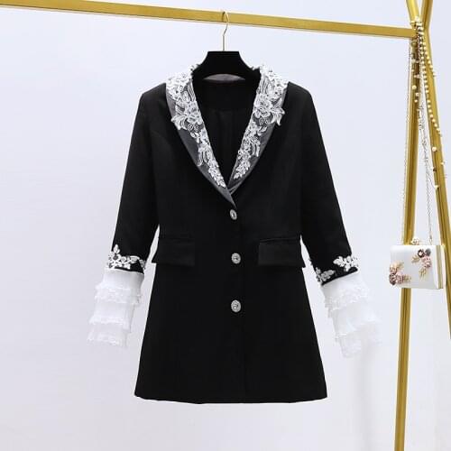 Newest 2021 Autumn Winter High Quality Black Long Flare Sleeve Diamond Blazer Coat Women Designer Runway Lace Embroidery Jacket