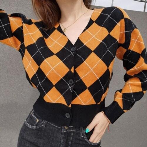 WOMENGAGA Autumn Womens New Trend All-match V-neck Loose Knit Cardigan V-Neck Geometric Button Fashion For Woman 7VFW