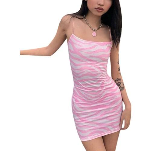 Women’s Summer Priting Sexy Backless Skinny Dress Fashion Zebra Pattern Suspender Young Girls High Waist Short Dress