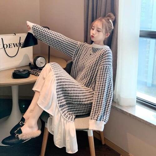 Autumn Knit Sweater Dress Women Vintage Winter O Neck Mid Length Lace Patchwork Bottoming Dress Korean Style Vestidos 2020 XXXL