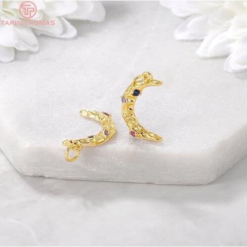 4PCS 18x2MM Hole 2MM 24K Gold Color Plated Brass with Zircon Moon Charms Pendants High Quality Diy Jewelry Accessories