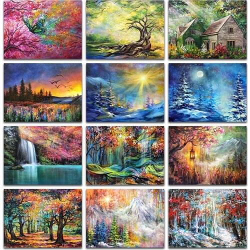 DIY 3D Diamond mosaic scenery snow tree Full Diamond embroidery colorful tree house Diamond painting Cross stitch waterfall fall