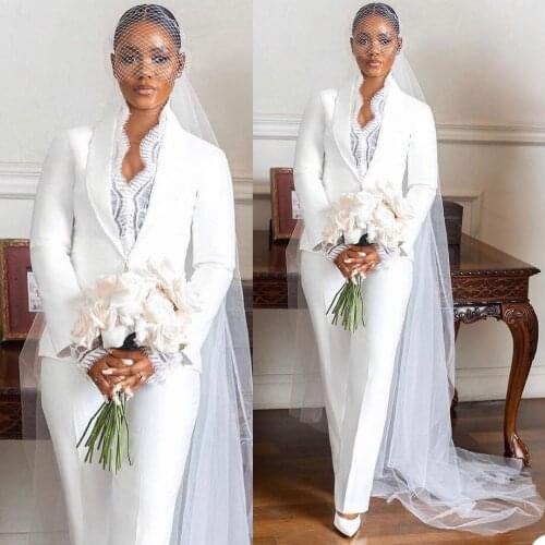 White Bridal Wedding Suits Shawl Lapel Long Sleeve Bride Photography Outfits Leisure Evening Party Wear (Jacket+Pants)