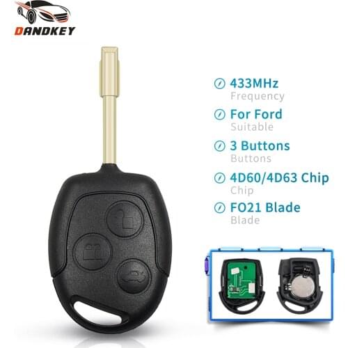 Dandkey Remote Key For Ford Fusion Focus Mondeo Fiesta Galaxy Complete Key FO21 Blade 3 Buttons 433Mhz 4D60 4D63 40/80 Bits Chip
