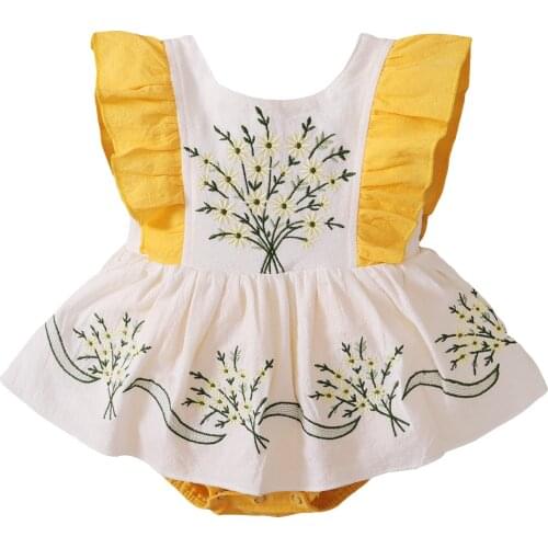 Fashion Baby Girl’s Sweet Ruffles Fly Sleeve Romper Embroidery Stitching Backless Jumpsuits