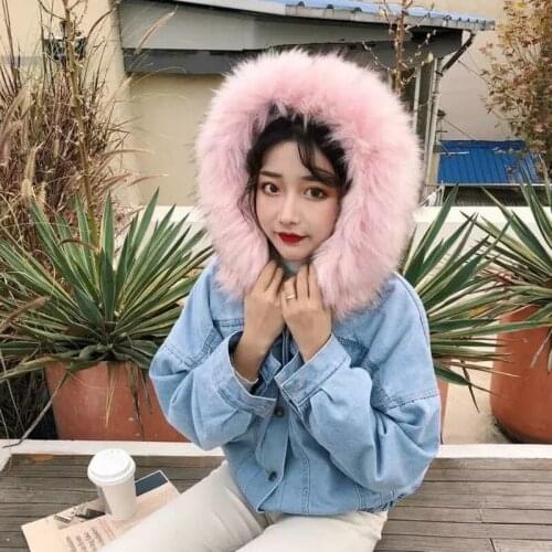 MEDR 2021 Women Denim Jacket Big Faux Fur Collar Winter Hooded Warm Jean Coat Student Basic Short Parkas Female Bomber Coat